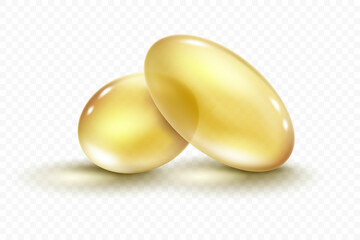 Vector Real fish oil capsule with transparency effect and shadow. Realistic medicine pills with fish oil or omega 3 vitamin supplement isolated on white background. 3d vector illustration - obrazy, fototapety, plakaty