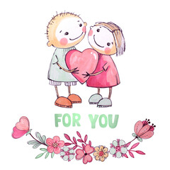 Watercolor couple of lovers with "For you" lettering.