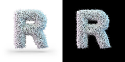 Capital letter R. Uppercase. White fluffy font on black and white background. 3D