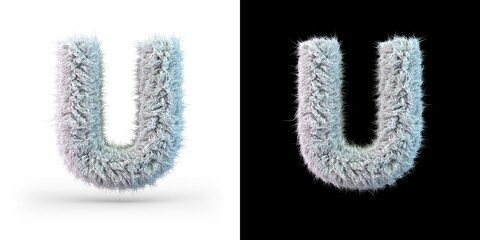 Capital letter U. Uppercase. White fluffy font on black and white background. 3D - obrazy, fototapety, plakaty