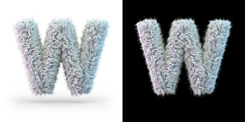 Capital letter W. Uppercase. White fluffy font on black and white background. 3D
