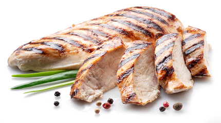 Grilled chicken fillet with herbs isolated on white background.