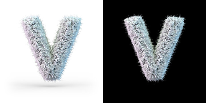Capital letter V. Uppercase. White fluffy font on black and white background. 3D
