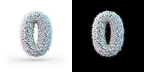 Number 0. Digital sign. White fluffy font on black and white background. 3D