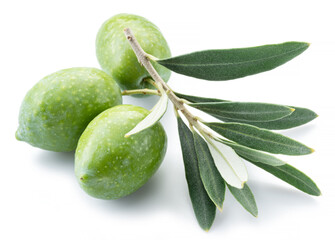 Green natural olives with leaves isolated on a white background.