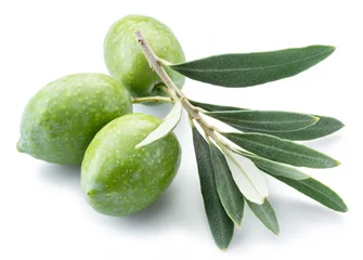 Poster Green natural olives with leaves isolated on a white background. © volff