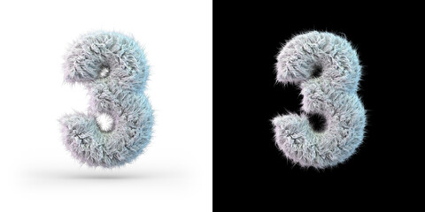 Number 3. Digital sign. White fluffy font on black and white background. 3D