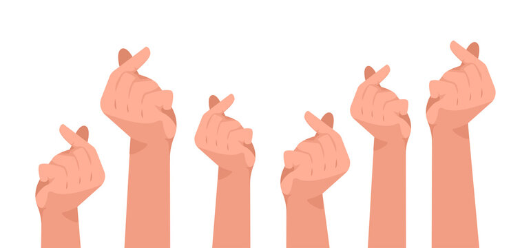 Many hands up make mini heart sign on white background, vector illustration