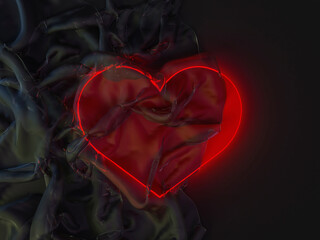 Red glowing heart covered with transparent fabric, symbol of love. 3D