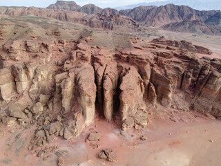 Drone  view of the Solomon Pillars in Timna National Park near Eilat, southern Israel.