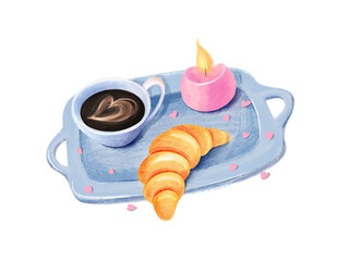 Romantic breakfast digital illustration. A cup of heart latte art coffee, croissant, and burning candle on the tray. Isolated on white background.