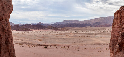 Panoramic  view of fantastically beautiful mountain nature in Timna National Park near Eilat,...