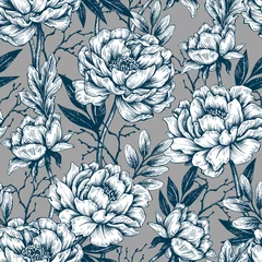 Fototapete Vintage Blumen Illustration von grafischen Blumen und Blättern. Nahtloses Muster für Tapeten- und Stoffdesign.