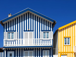 Colorful striped wooden beach houses at the promenade of Costa Nova, Aveiro, Portugal