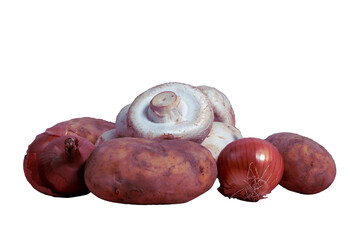 Fresh vegetables and mushrooms lie on a white background