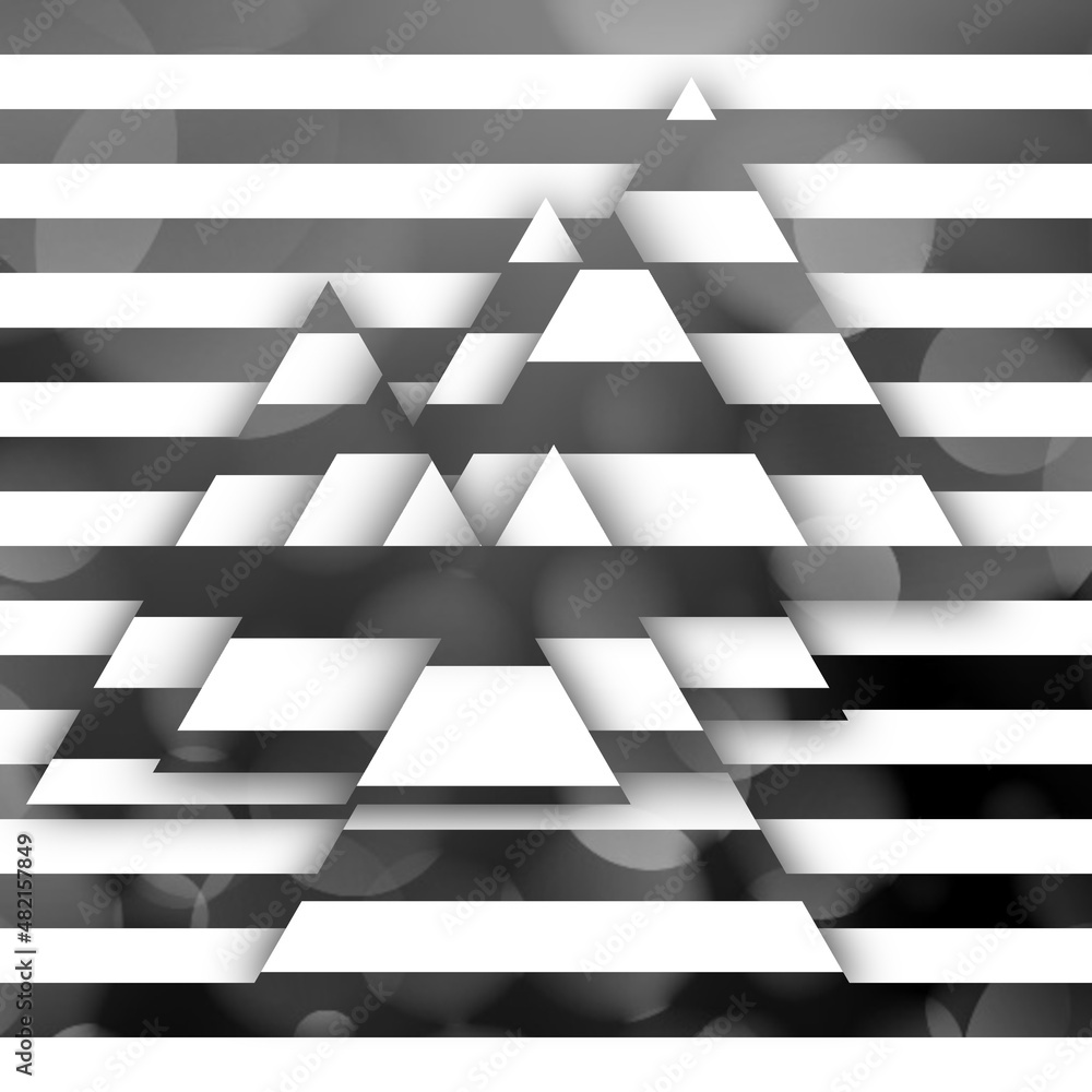 Poster bright colourful triangular striped design in bold black and white colours in relief with drop shado