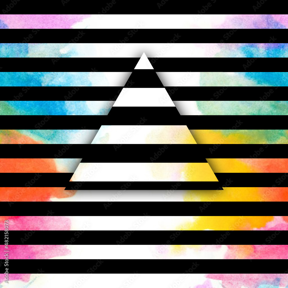 Poster bright colourful triangular striped design in bold black and white colours in relief with drop shado