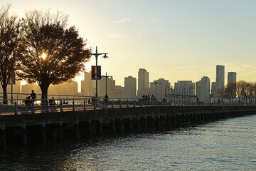 Popular Pier 45 on Hudson River in autumn sunset. New York City - obrazy, fototapety, plakaty