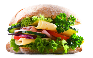 Sandwich with cheese and ham and fresh vegetables over white