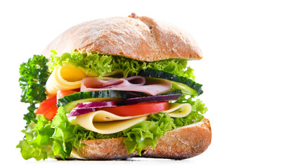 Sandwich with cheese and ham and fresh vegetables over white