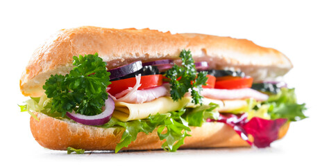 Sandwich with cheese and ham and fresh vegetables over white