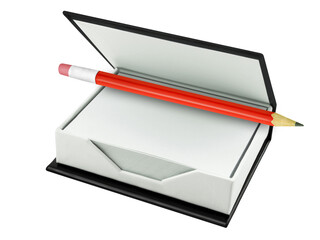 Leere Notizzettel in schwarzer Box mit rotem Bleistift auf weissem Hintergrund