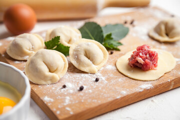 Meat dumplings. Raw dough with minced meat for dumpling on white background 