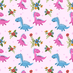 Cute pink and blue dinosaur with flowers seamless pattern.