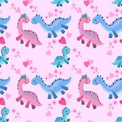 Cute pink and blue dinosaur with heart shape seamless pattern.