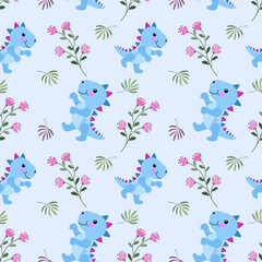 Cute blue dinosaur with flowers seamless pattern.
