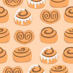 Cinnamon bun seamless pattern. Sweet roll with sugar glaze and chocolate on beige background. Vector illustration 