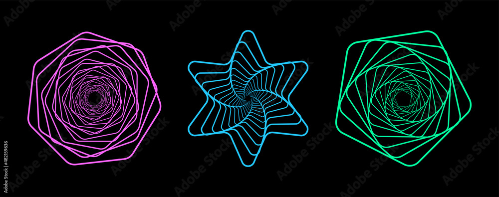 Poster set of twisted futuristic spirals. collection of wavy fractals. abstract wireframe linear tunnels. t