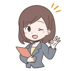 ビジネススーツ姿でOKサインを出す若い女性