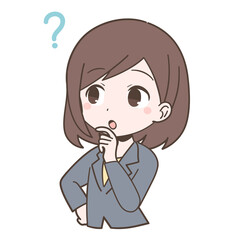 ビジネススーツ姿で疑問をもつ若い女性