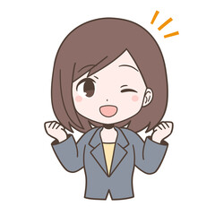 ビジネススーツ姿でガッツポーズをする若い女性