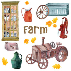 watercolor illustration farm cabinet with utensils,aluminum farm feed trough,tractor,pump,wheel,jug and mailbox,for poster,postcard