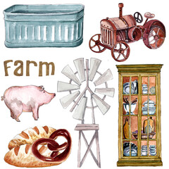 watercolor illustration,objects of the farm,windmill,goose,chicken,pig,millet in a bowl,loaf and pretzel,bike,carafe,cupboard with dishes and books,the inscription-farm,for print and postcard