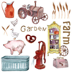 watercolor illustration farm items,animals,machinery for design or decoration