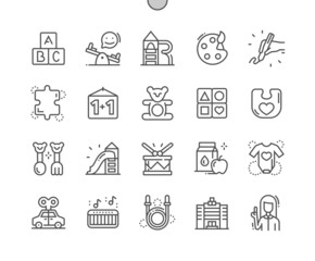Kindergarten. Box of bricks. Playground. Puzzles and drawing. Children cutlery and toy. Kindergarten teacher. Pixel Perfect Vector Thin Line Icons. Simple Minimal Pictogram