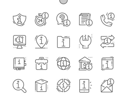 Information services. Works 24 hours. Location info. Support, customer. Social communication. Pixel Perfect Vector Thin Line Icons. Simple Minimal Pictogram
