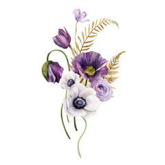 Watercolor flowers garden bouquet. Hand painted botanical illustration with purple flowers isolated on white background. Floral composition for you design