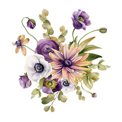 Watercolor flowers garden bouquet. Hand painted botanical illustration with leaves, flowers, poppies, dahlias, ranunculus isolated on white background. Floral composition for you design
