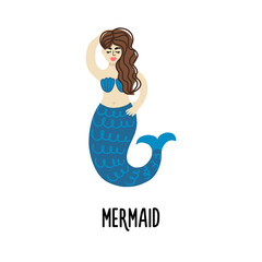Cartoon image of a cute mermaid with long curly hair and a tail with scales in a simple flat style on a white background