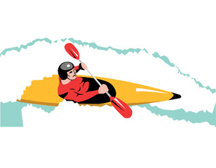 Tourist paddle in kayak. Active recreation and sports rivers and lakes. Man life jacket paddles one seater canoe through water. Extreme rafting along mountain river flow. Vector flat concept isolated