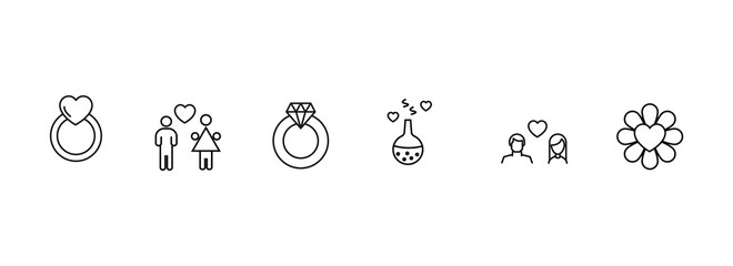 Heart, love and romance line icon collection. Suitable for advertisement, articles, sites. Icons of wedding ring, couple, flower, laboratory bulb next to heart
