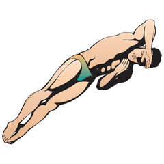 Sport men standing on diving board, preparing to jump and dive. Swimming male. Fit swimmer training in the swimming pool. Dives into the water. Vector illustration.