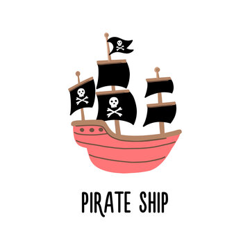 An image of a pirate ship with a skull and bones on a flag in a simple style