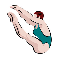 Sport men standing on diving board, preparing to jump and dive. Swimming male. Fit swimmer training in the swimming pool. Dives into the water. Vector illustration.