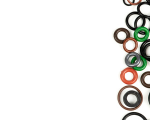 hydraulic and pneumatic sealing rings in different sizes and colors, on a white background. Sealing...
