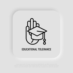Educational tolerance thin line icon: graduation cap in hand. Modern vector illustration.